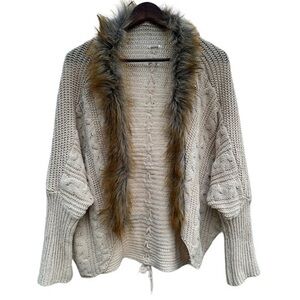Beige Cable Knit Cardigan Cocoon Sweater Open Front Faux Fur Trim Size Medium